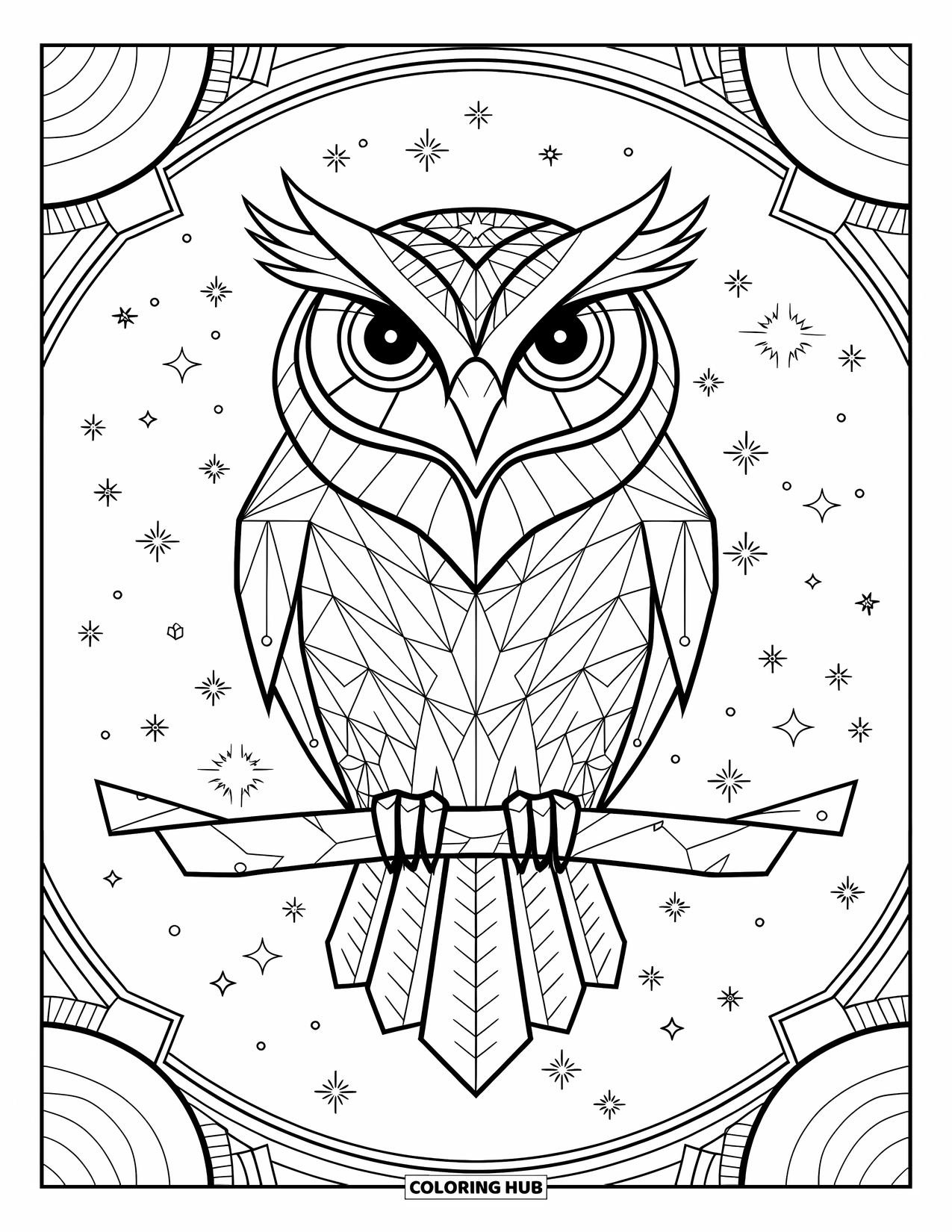 Owl Coloring Page for Adults: A mystical owl with geometric patterns, surrounded by celestial shapes and intricate backgrounds