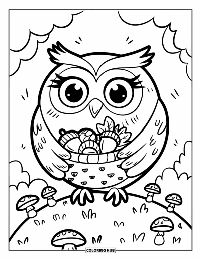 Dibujo de búhos para colorear para adultos: Un búho redondo sosteniendo una cesta de bellotas y hojas, de pie en una colina con fondo simple
