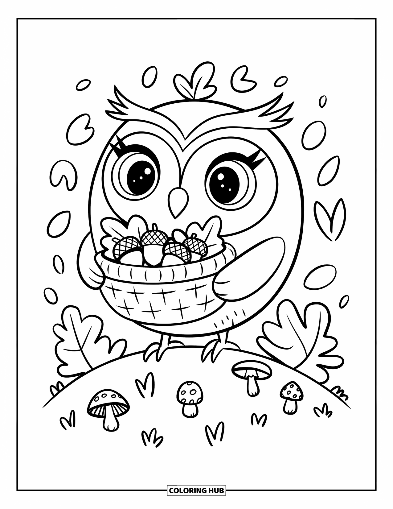 Owl Coloring Page for Adults: A round owl holding a basket of acorns and leaves, standing on a hill with mushrooms around it