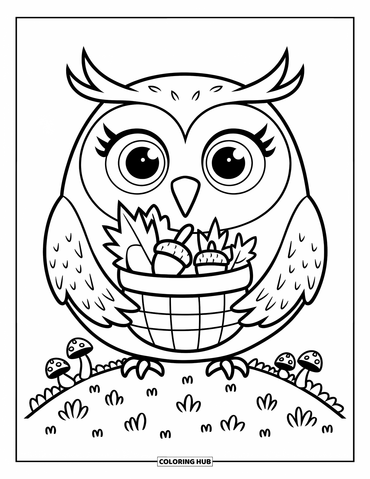 Owl Coloring Page for Adults: A round owl holding a basket of acorns and leaves, standing on a small hill with mushrooms scattered around