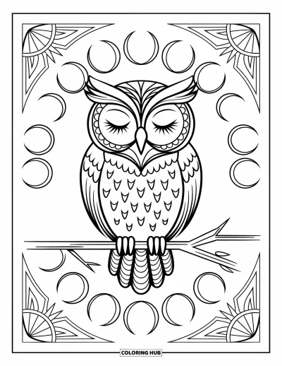 Dibujo de búhos para colorear para adultos: Un búho sereno con los ojos cerrados, posado en una rama rodeada de fases lunares y patrones artísticos