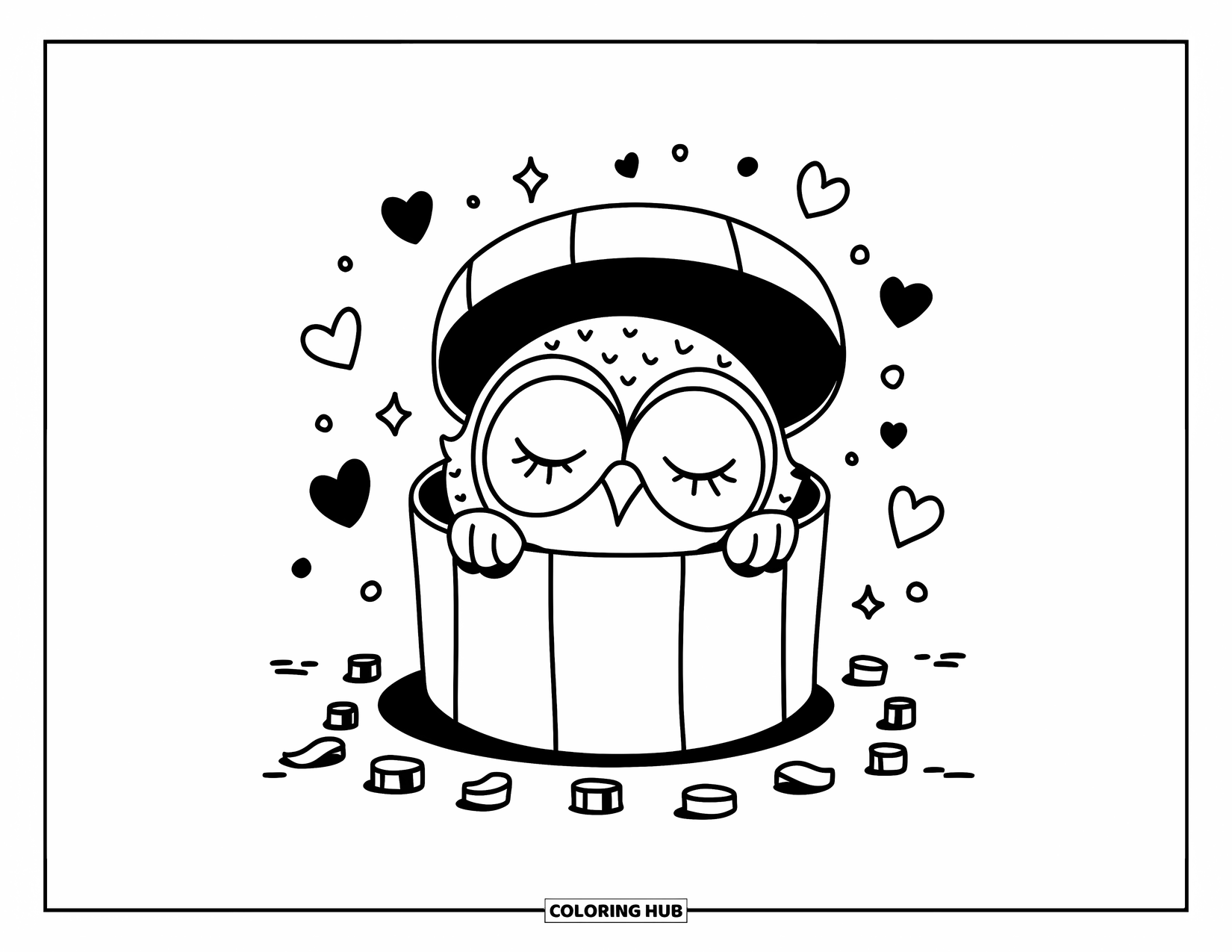 Owl Coloring Page for Adults: A sleepy owl resting inside a gift box, surrounded by hearts, stars, and ribbons in a cute style