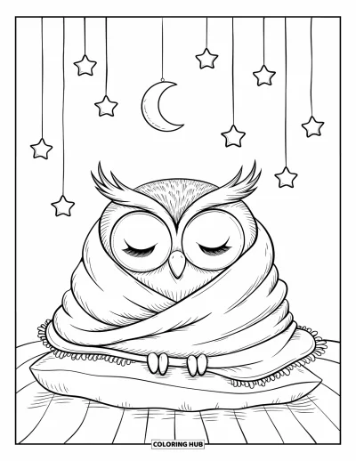 Dibujo de búhos para colorear para adultos: Un búho soñoliento envuelto en una manta, sentado en un cojín, con estrellas y una luna arriba en un cielo tranquilo