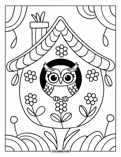 Dibujo de búhos para colorear para adultos: Un búho pequeño dentro de una casita para pájaros con patrones florales, rodeado de hojas colgantes y elementos juguetones