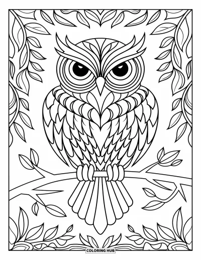 Dibujo de búhos para colorear para adultos: Un búho simétrico posado en una rama, rodeado de intrincados patrones de hojas y enredaderas