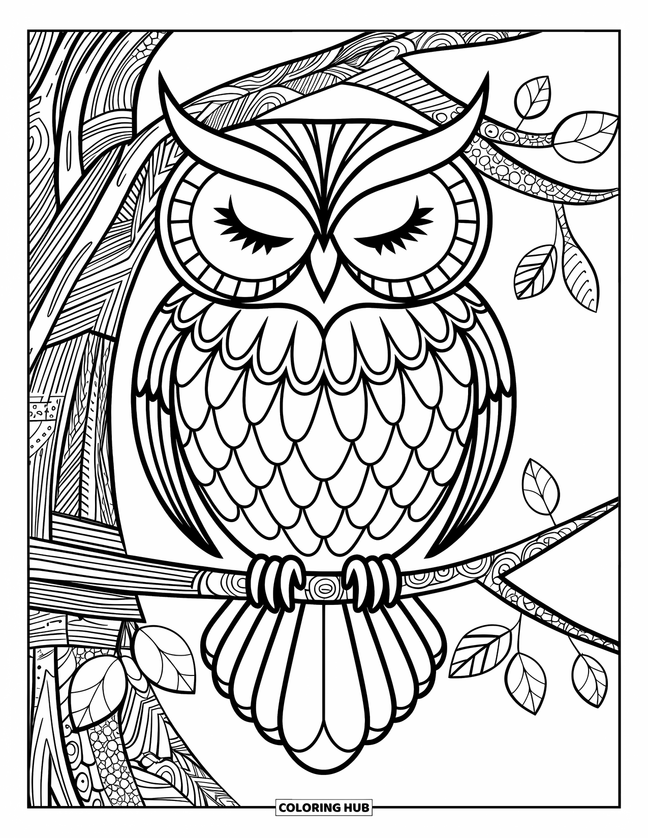 Owl Coloring Page for Adults: A symmetrical owl with closed eyes, perched on a branch against a textured tree with leaves