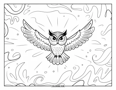 Dibujo de búhos para colorear para adultos: Un búho volando en un fondo abstracto con formas en espiral, con las alas extendidas y ojos abiertos