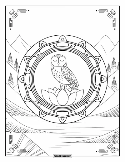 Dibujo de búhos para colorear para adultos: Un búho posado sobre un mandala con patrón de flor de loto, rodeado de montañas y agua
