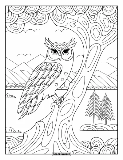 Dibujo de búhos para colorear para adultos: Un búho posado en un tronco con patrones de círculos entrelazados, en un paisaje sereno