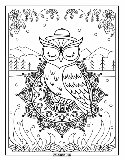 Dibujo de búhos para colorear para adultos: Un búho con los ojos cerrados, con un sombrerito, posado sobre un mandala con un paisaje sereno