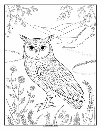 Dibujo de búhos para colorear para adultos: Un búho con plumas detalladas, rodeado de flores silvestres y helechos, en un paisaje sereno con colinas y un lago