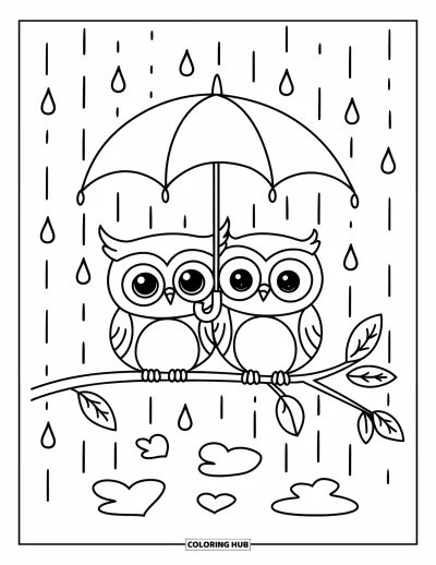 Dibujo de búhos para colorear para adultos: Dos búhos pequeños posados en una rama, compartiendo un paraguas con lluvia ligera y charcos en forma de corazón