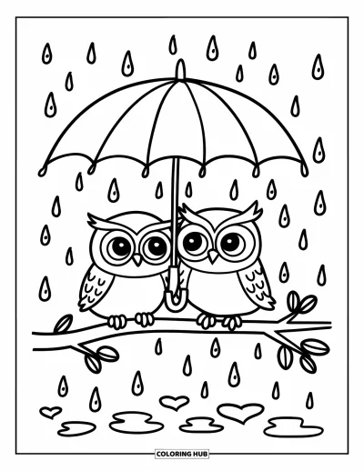 Dibujo de búhos para colorear para adultos: Dos búhos pequeños compartiendo un paraguas, con gotas de lluvia y charcos en forma de corazón debajo