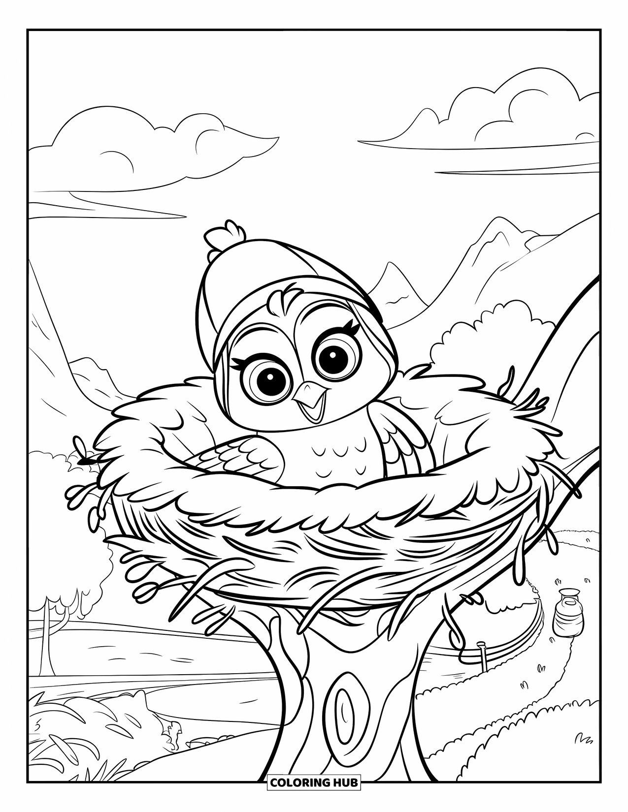 Owl Coloring Page for Kids: A baby owl with a tiny hat inside a nest on a tree, with mountains and a lake