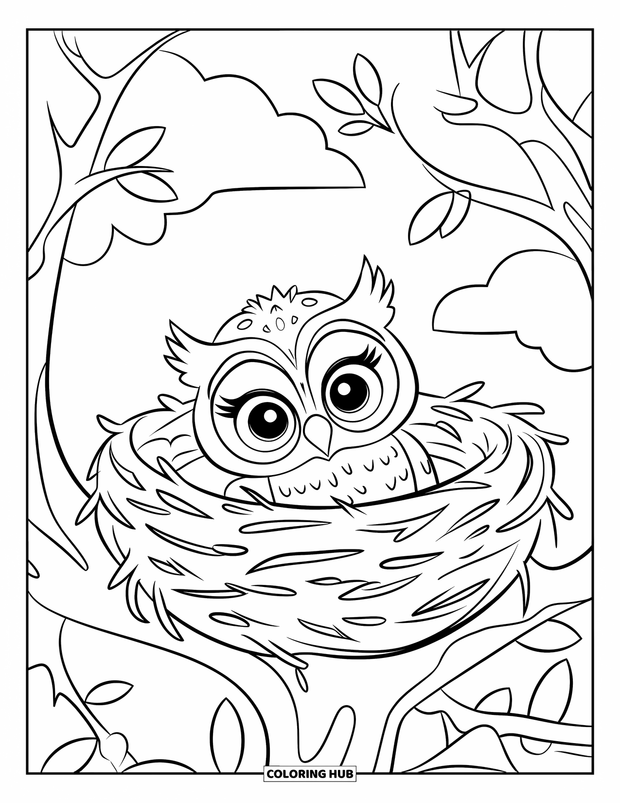 Owl Coloring Page for Kids: A baby owl with expressive eyes nestled in a twig nest on a tree with leaves