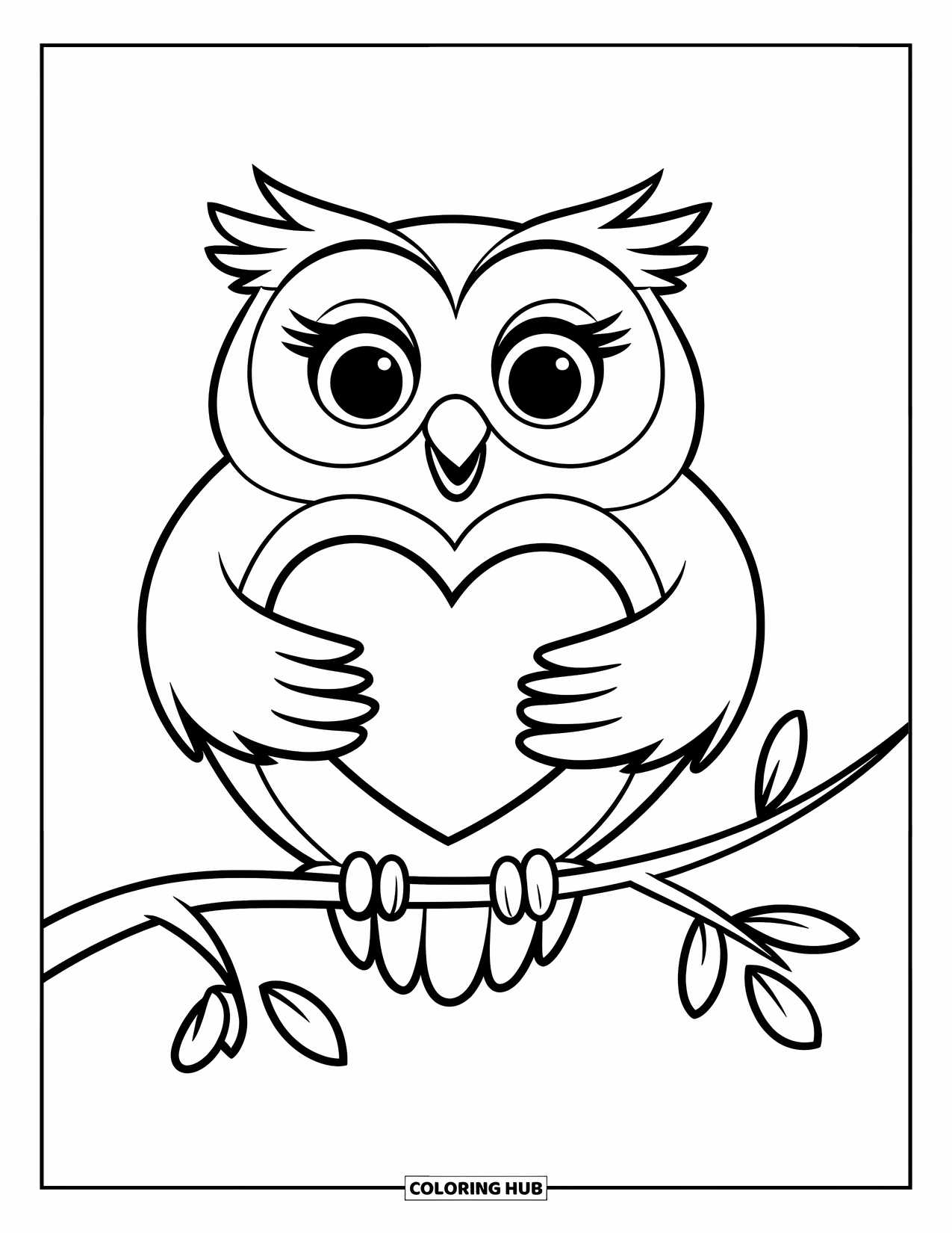 Owl Coloring Page for Kids: A chubby owl holding a heart shape, perched on a branch with a few leaves