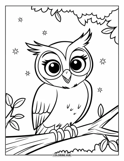Dibujo de búhos para colorear para niños: Un búho tierno de ojos grandes sentado en una rama, con cielo despejado y algunas estrellas