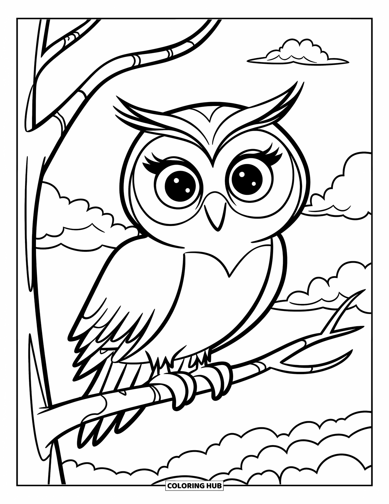 Owl Coloring Page for Kids: A cute owl with big eyes, sitting on a branch with a slightly bending tree