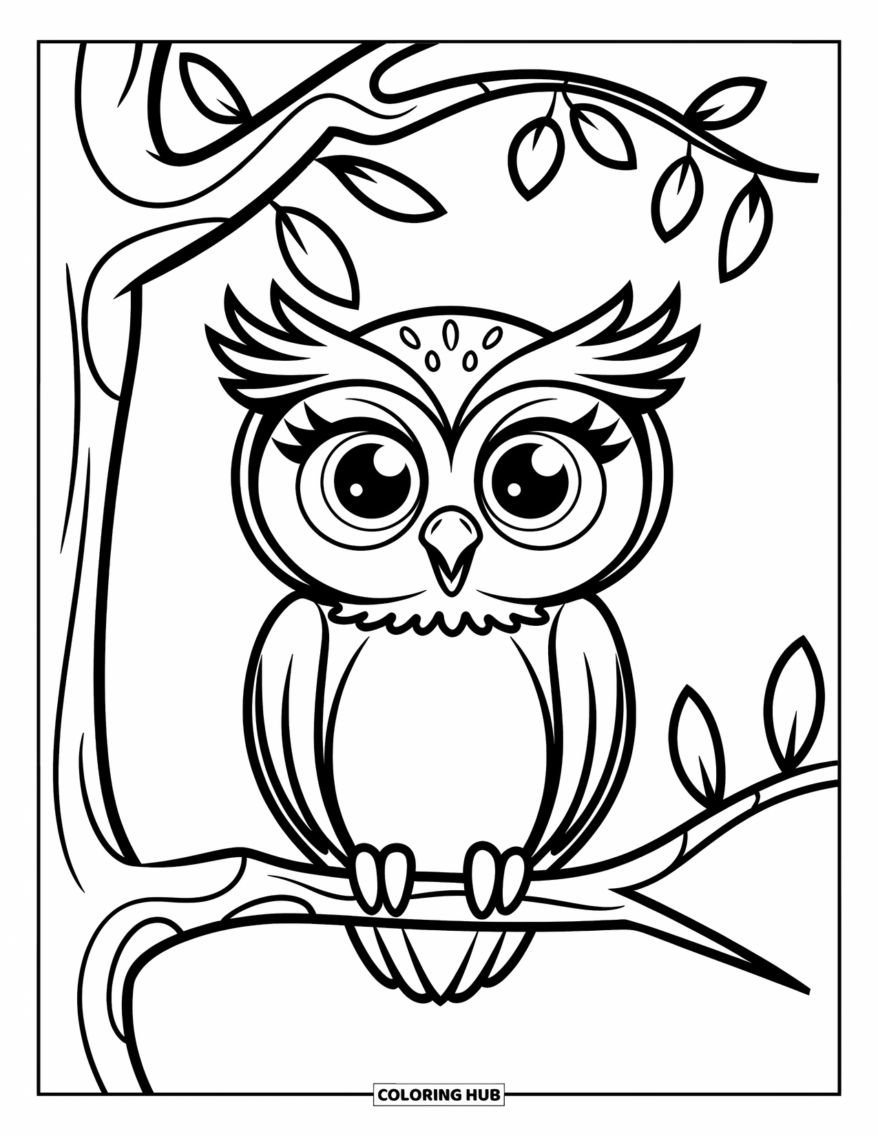 Owl Coloring Page for Kids: A cute owl with big eyes sitting on a tree branch, surrounded by simple leaves