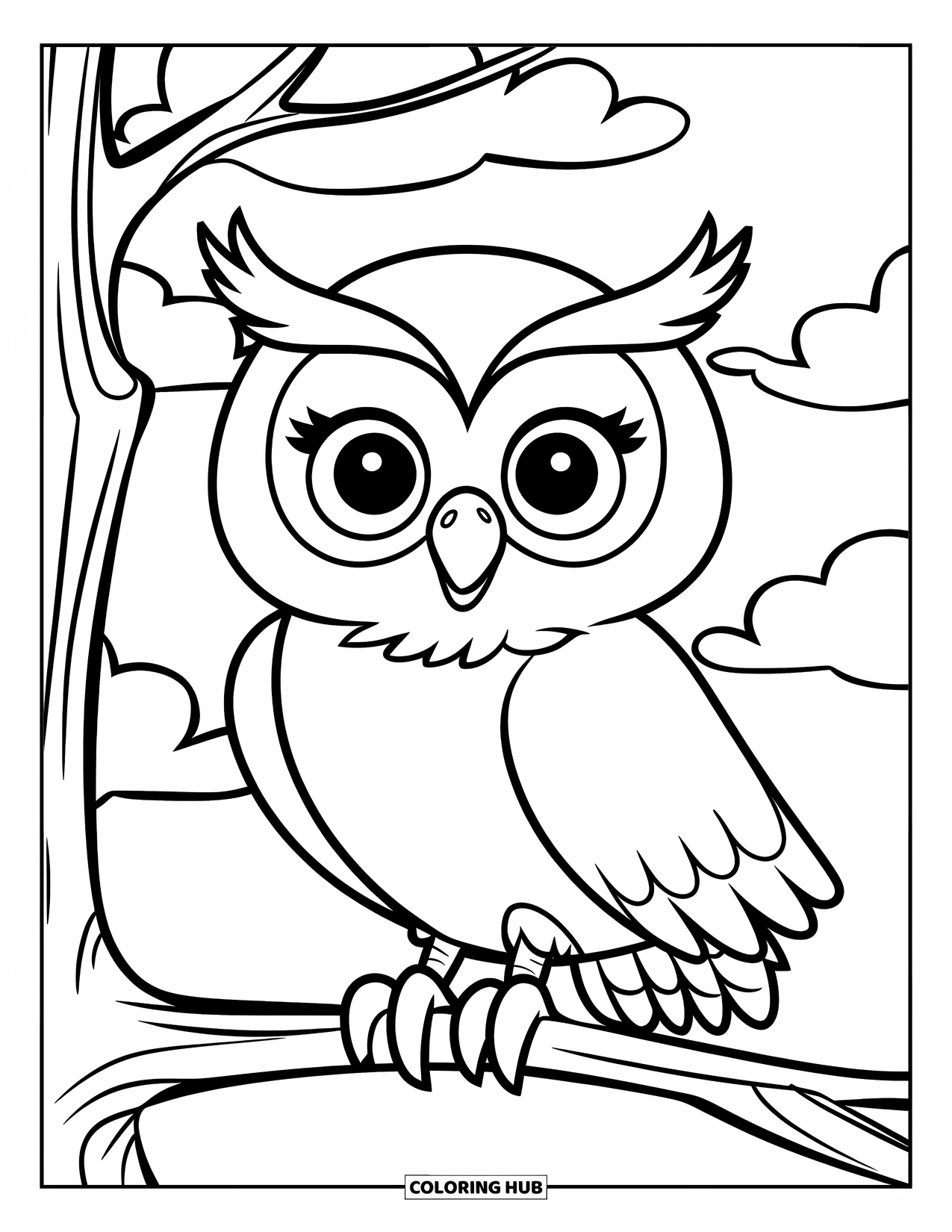 Owl Coloring Page for Kids: A cute owl with big round eyes, sitting on a branch with a sky filled with clouds