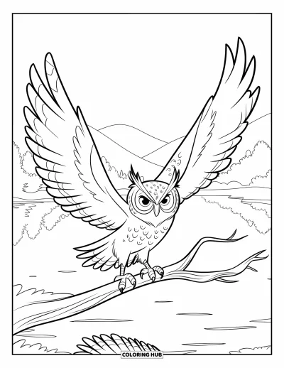 Dibujo de búhos para colorear para niños: Un búho dinámico con las alas alzadas, posado cerca de un lago tranquilo y montañas