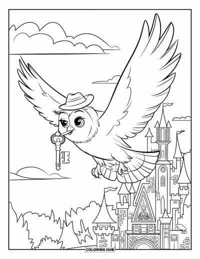 Dibujo de búhos para colorear para niños: Un búho volando con una llave, con un sombrerito, junto a un castillo mágico y nubes