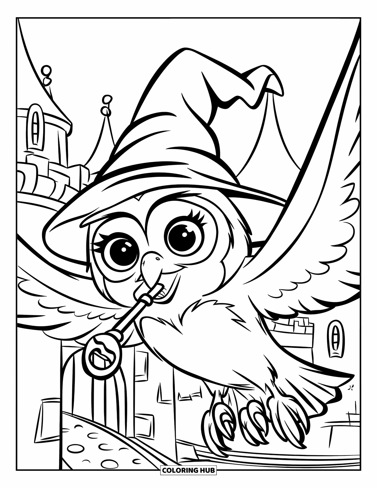 Owl Coloring Page for Kids: A flying owl holding a key, wearing a wizard's hat, with a castle in the background