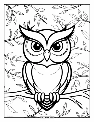 Dibujo de búhos para colorear para niños: Un búho de temática forestal posado en una rama, rodeado de hojas y ramas suaves