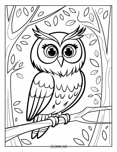 Dibujo de búhos para colorear para niños: Un búho de temática forestal posado en una rama, con un fondo suave de hojas y ramas
