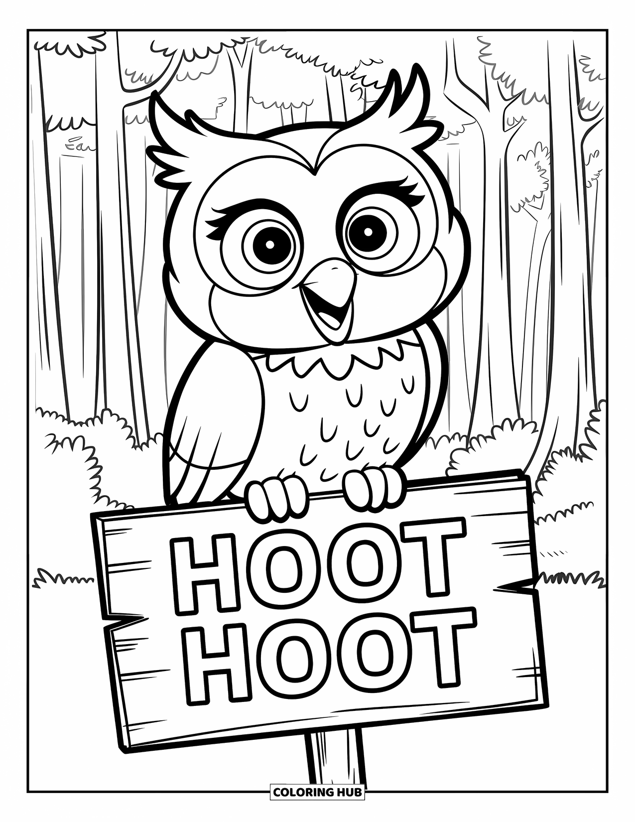 Owl Coloring Page for Kids: A happy owl sitting on a sign with "Hoot Hoot" in a forest