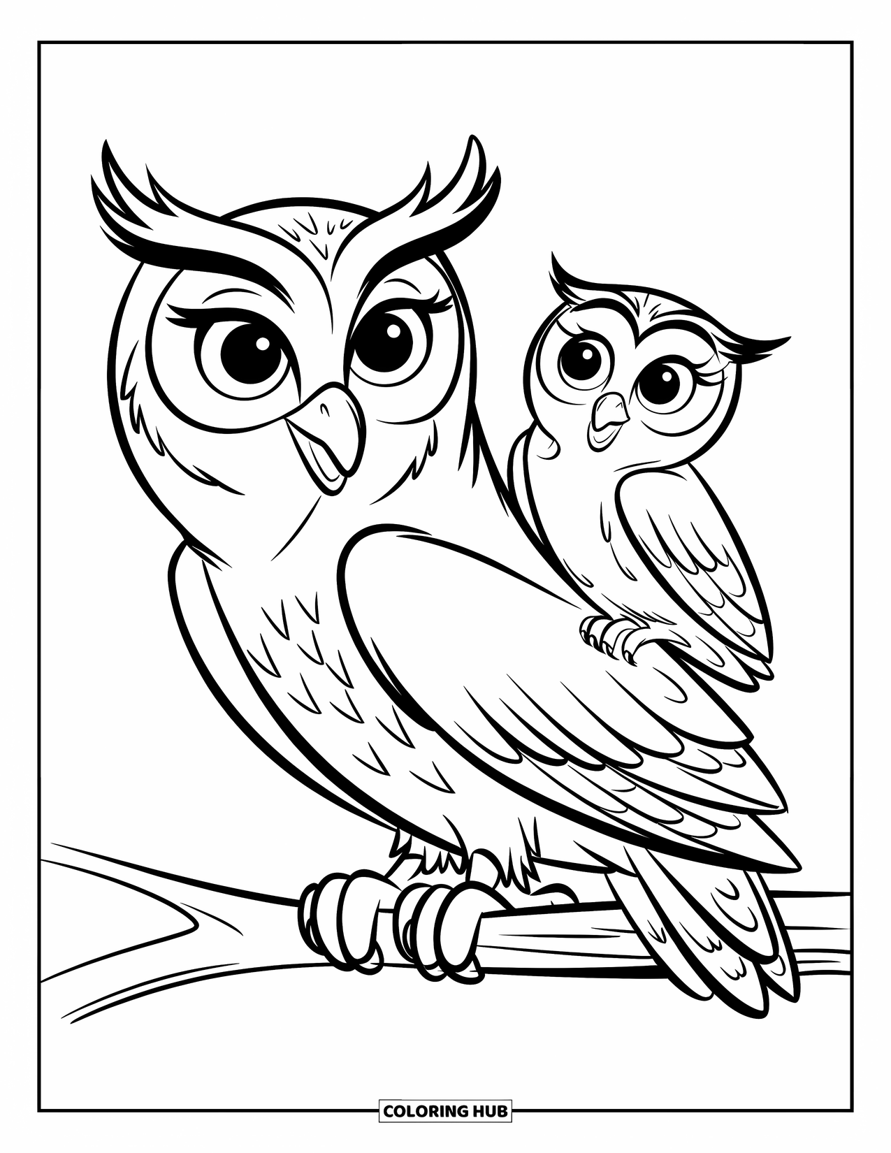 Owl Coloring Page for Kids: A mother owl sitting on a branch with her baby perched on her back