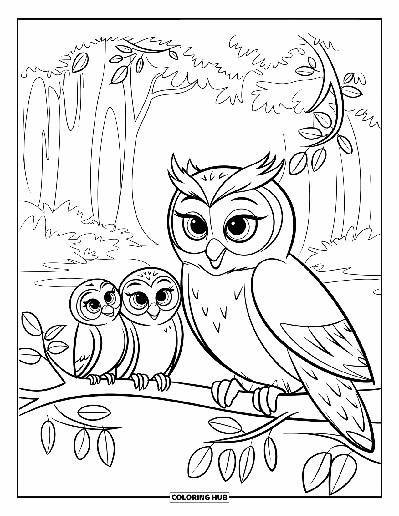Owl Coloring Page for Kids: A mother owl with her baby owls sitting on a branch in a serene forest