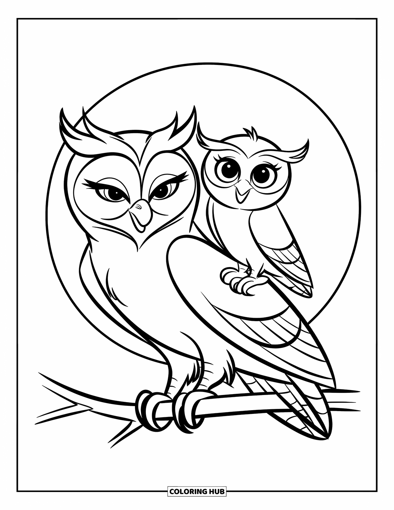 Owl Coloring Page for Kids: A mother owl with her baby perched on her back inside a clean white circle