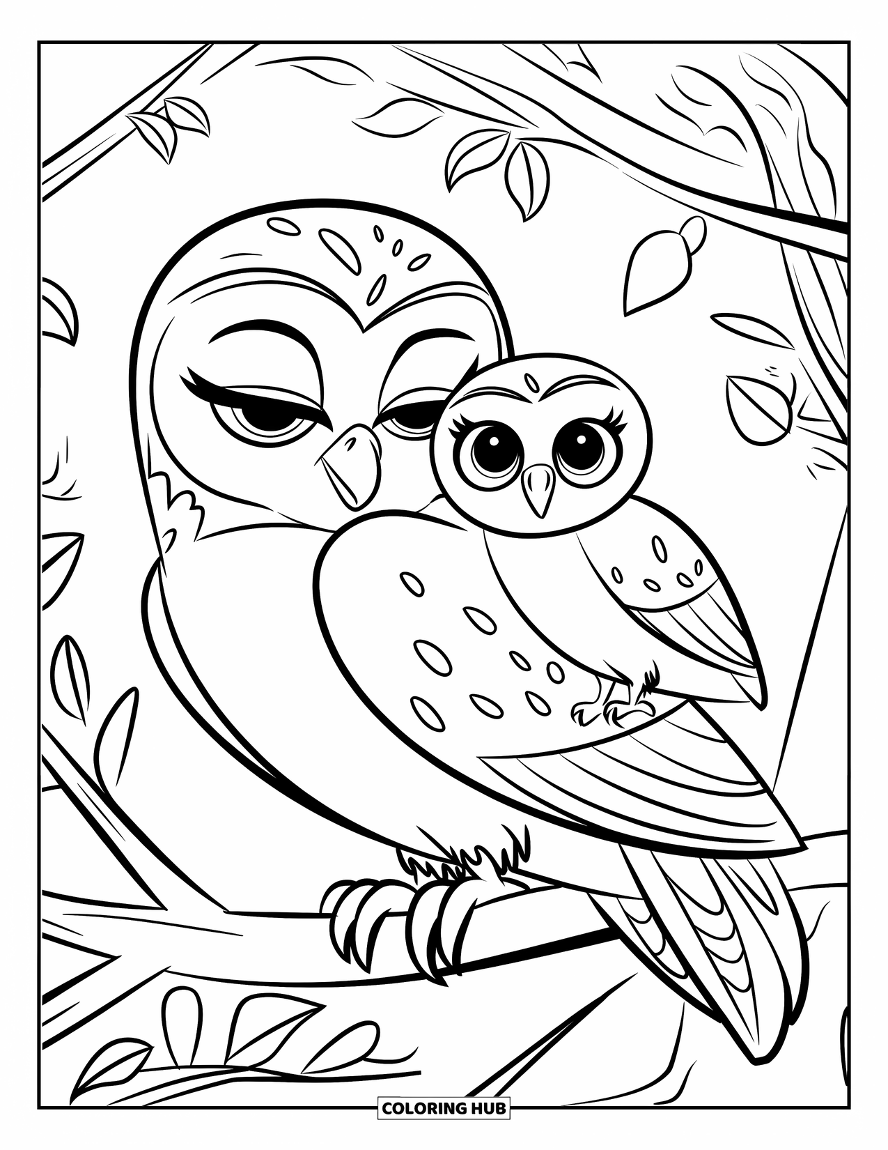Owl Coloring Page for Kids: A mother owl with her eyes closed, and her baby on her back, surrounded by branches