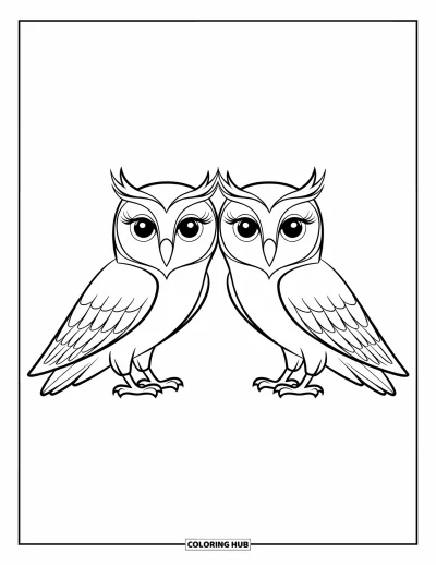Dibujo de búhos para colorear para niños: Una pareja de búhos lado a lado, cada uno con alas detalladas y plumas estampadas