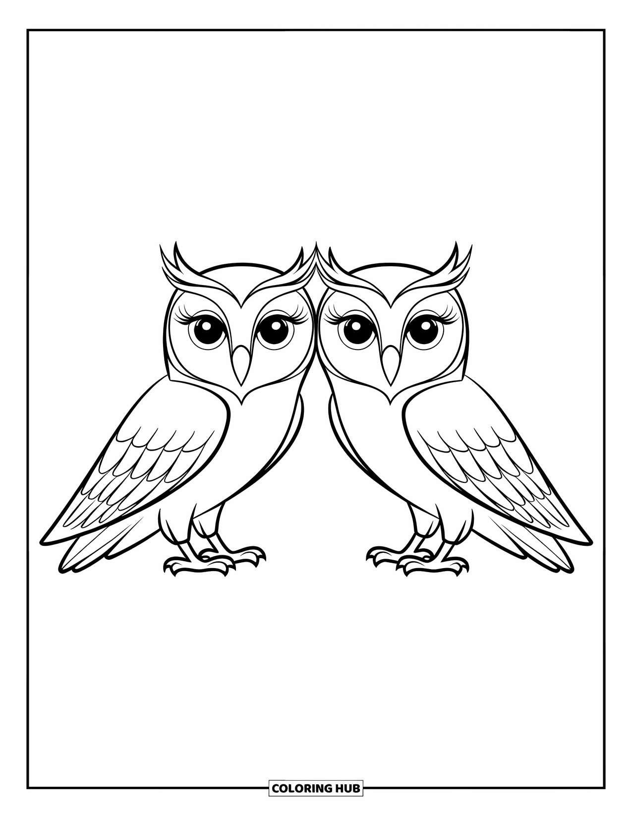 Owl Coloring Page for Kids: A pair of owls side by side, each with detailed wings and patterned feathers