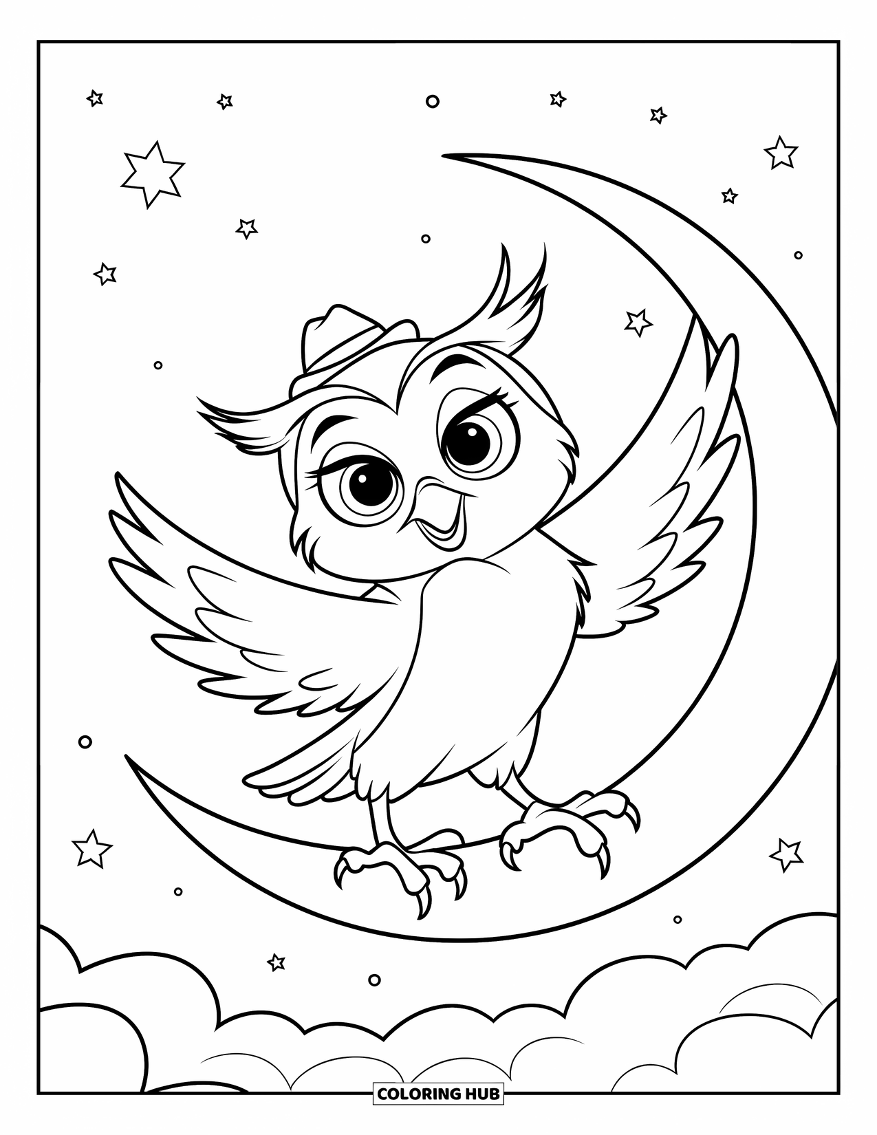Owl Coloring Page for Kids: A playful owl on a crescent moon, wearing a tiny hat, against a starry sky