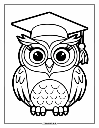 Dibujo de búhos para colorear para niños: Un búho juguetón con birrete de graduación, con contornos limpios y gruesos para preescolar