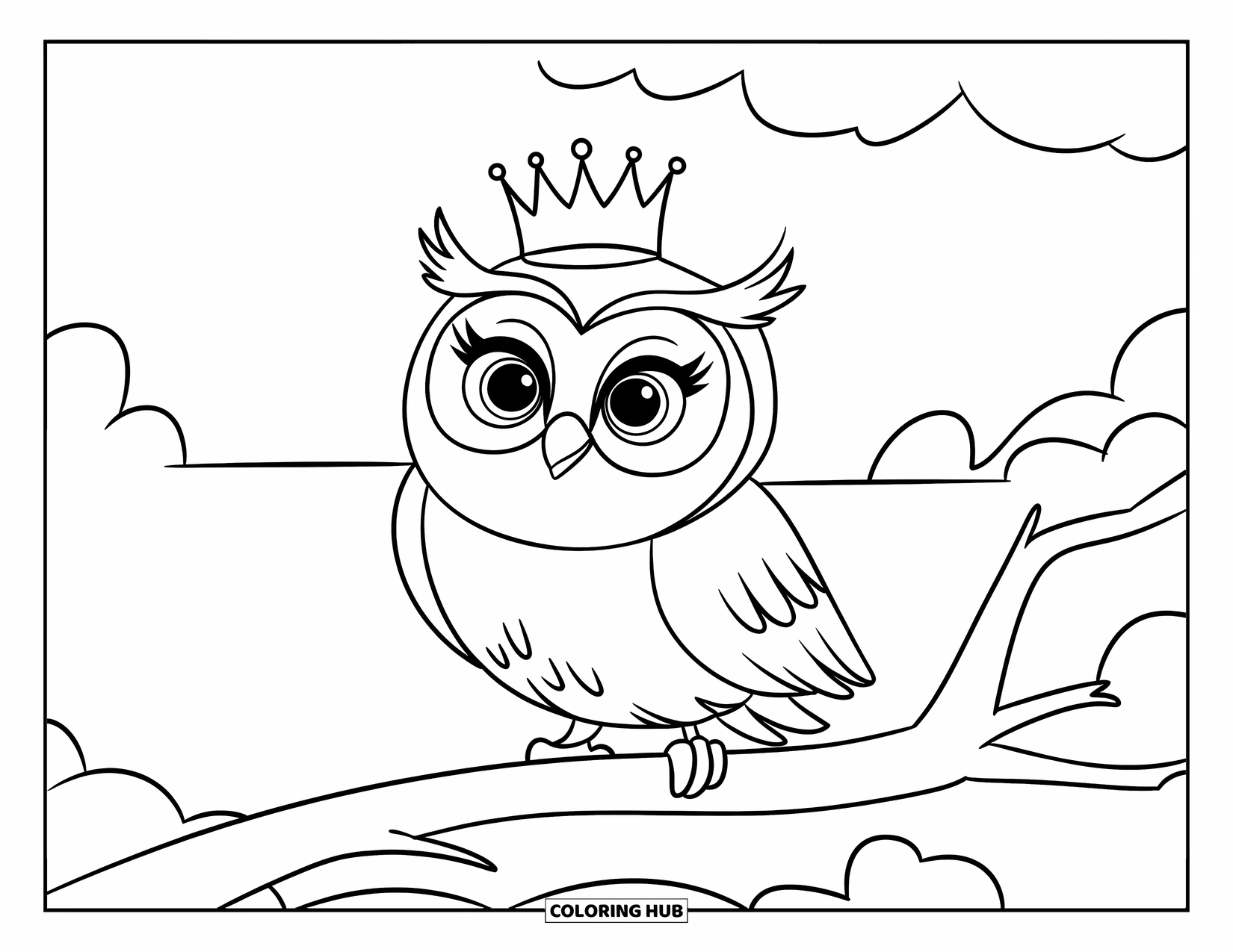 Owl Coloring Page for Kids: A round owl wearing a tiny crown, perched on a branch in an open space with clean outlines