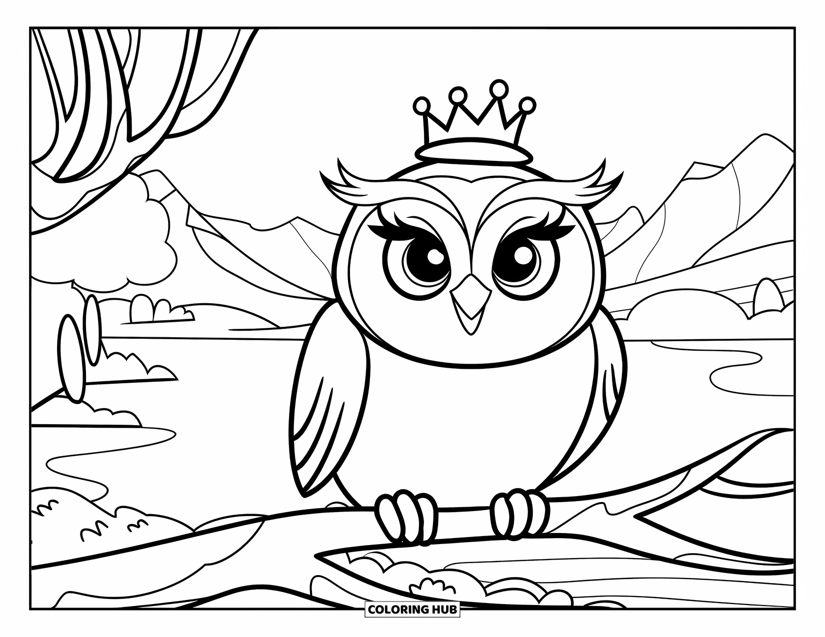 Owl Coloring Page for Kids: A round owl with a crown, sitting on a branch with mountains, trees, and water in the background