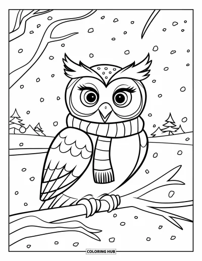 Dibujo de búhos para colorear para niños: Un búho invernal con bufanda en una rama, rodeado de nieve y árboles lejanos