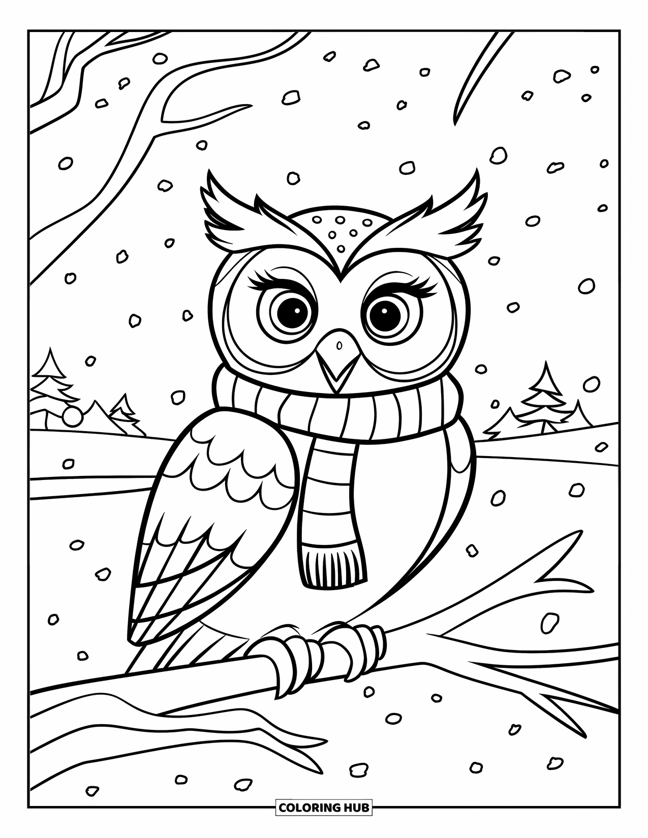 Owl Coloring Page for Kids: A winter owl with a scarf on a branch, surrounded by snow and distant trees