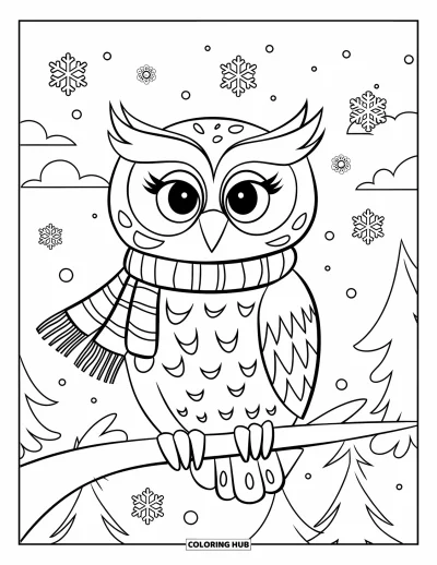 Dibujo de búhos para colorear para niños: Un búho invernal con bufanda posado en una rama con copos de nieve y cielo azul