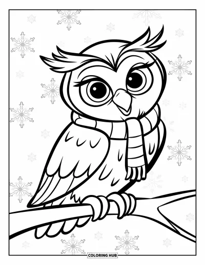 Dibujo de búhos para colorear para niños: Un búho de temática invernal con bufanda, sentado en una rama con una nevada ligera alrededor