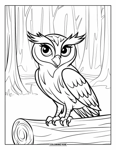 Dibujo de búhos para colorear para niños: Un búho sabio posado sobre un tronco en un bosque sereno con ojos grandes y expresivos