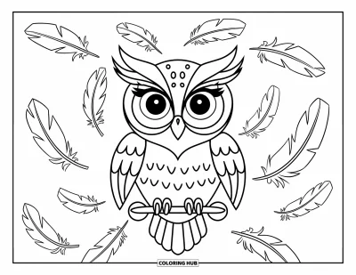 Dibujo de búhos para colorear para niños: Un búho expresivo posado con plumas flotando a su alrededor, perfecto para colorear con creatividad