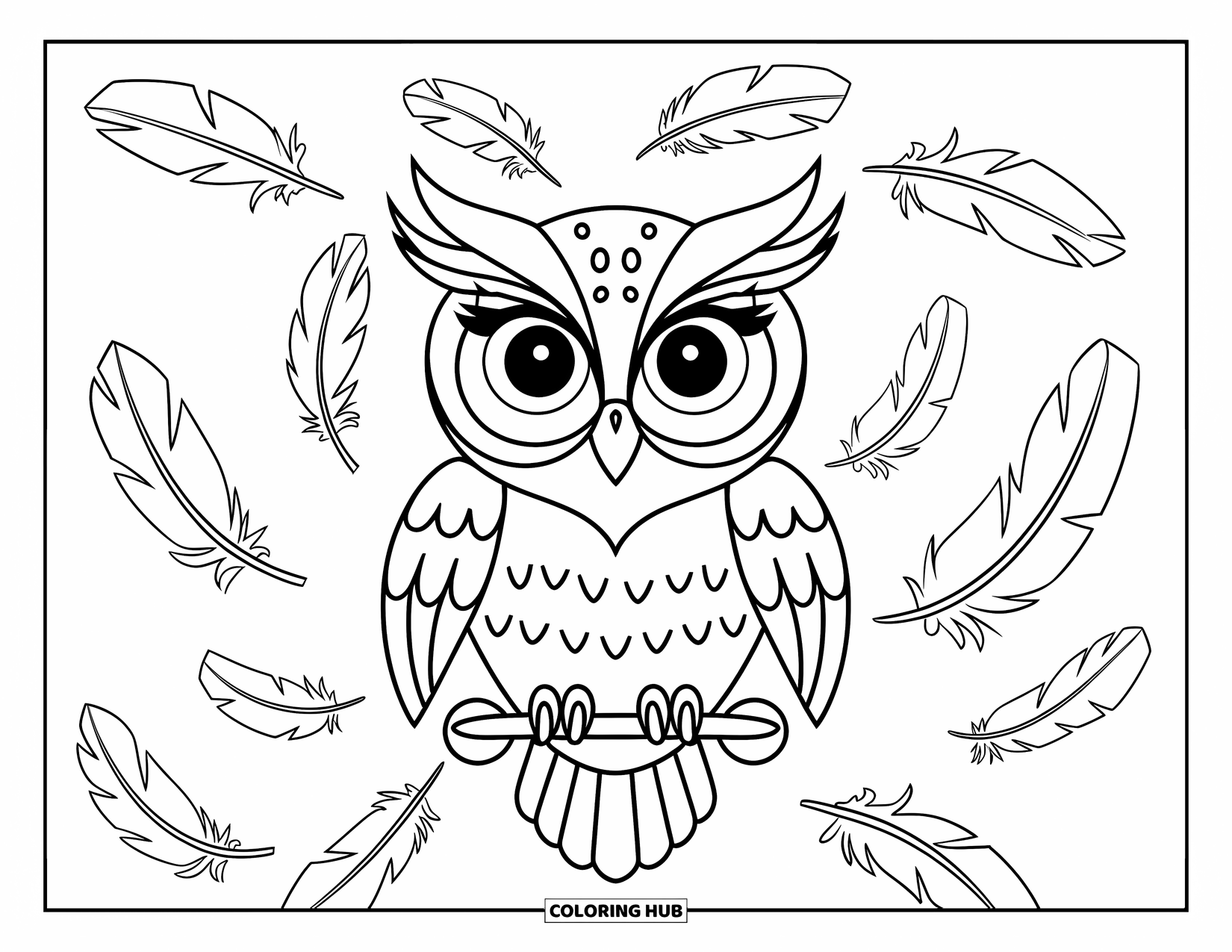Owl Coloring Page for Kids: An expressive owl perched with floating feathers around it, perfect for creative coloring