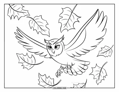 Dibujo de búhos para colorear para niños: Un búho volando entre hojas de otoño con contornos limpios, perfecto para colorear