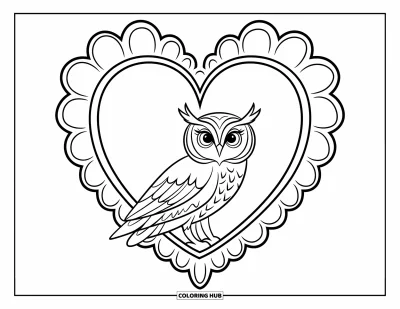 Dibujo de búhos para colorear para niños: Un búho en un marco con forma de corazón, con detalles suaves en plumas y marco