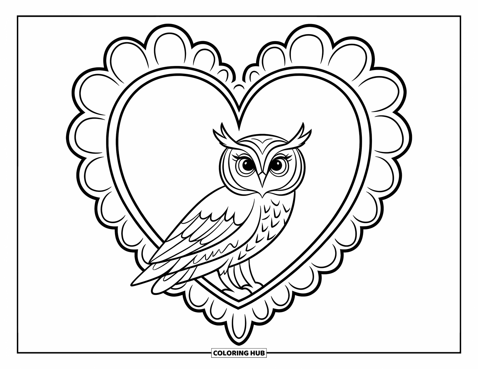 Owl Coloring Page for Kids: An owl in a heart-shaped frame with light feather and frame details